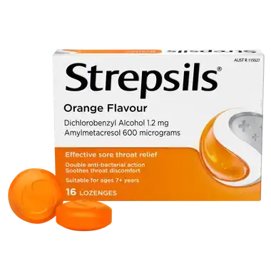 Strepsils Sore Throat Relief 
Orange Flavour Lozenges